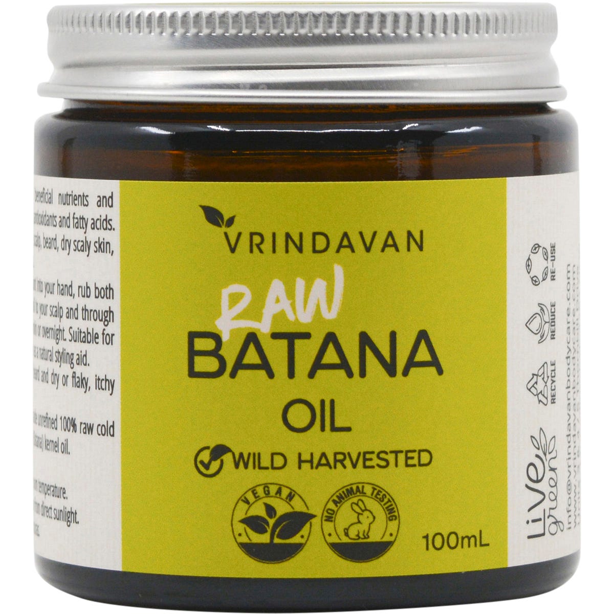 100ml glass jar of Vrindavan Raw Batana Oil featuring a dark amber, solid texture with botanical label illustrations.