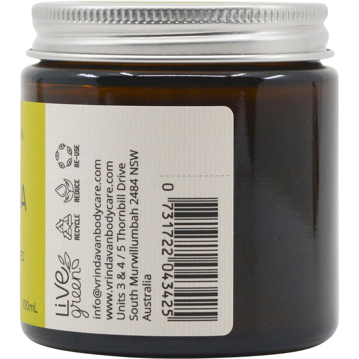 Right side of a Vrindavan Raw Batana Oil 100ml glass jar highlighting its pure and natural benefits for hair and skin.