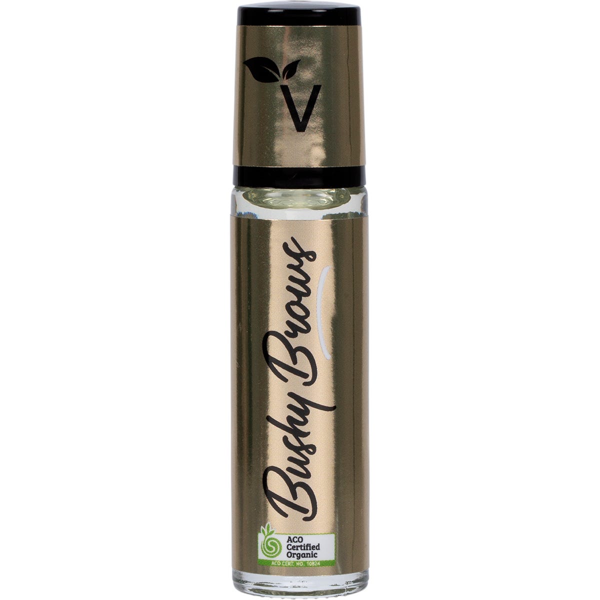 10ml bottle of Vrindavan Bushy Brows Gold Certified Organic Castor Oil with a roller ball applicator.