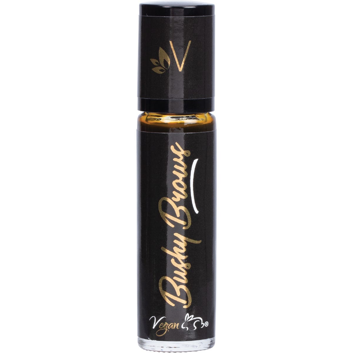 10ml bottle of Vrindavan Bushy Brows Black Jamaican Black Castor Oil with a roller ball applicator.