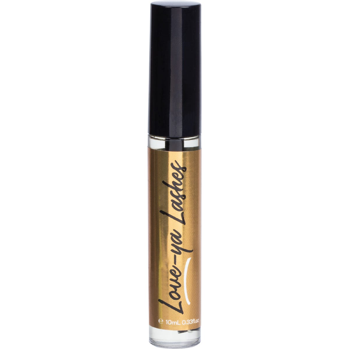 10ml bottle of Vrindavan Love-ya Lashes Gold organic castor oil with a mascara wand applicator for eyelash growth.