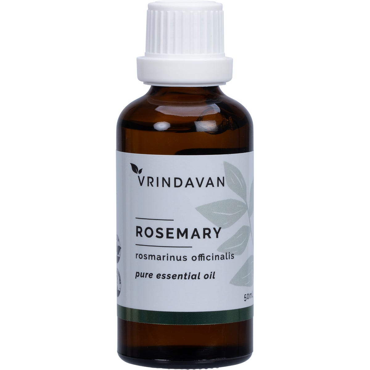 50ml bottle of Vrindavan 100% Rosemary Essential Oil with a brown glass dropper and white label.
