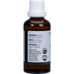 Left side of a 50ml Vrindavan Rosemary Essential Oil bottle showing usage directions and safety cautions.