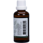 Right side of a 50ml Vrindavan Rosemary Essential Oil bottle showing product benefits and an Australian-made logo.