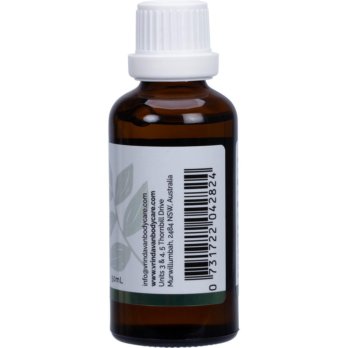 Right side of a 50ml Vrindavan Rosemary Essential Oil bottle showing product benefits and an Australian-made logo.