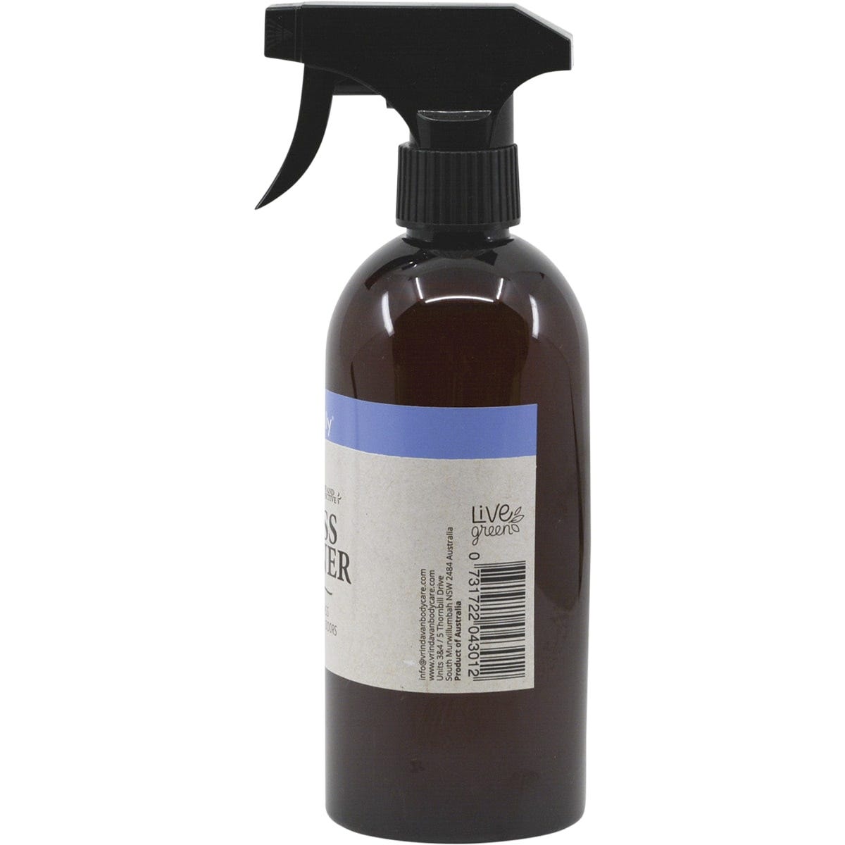 Right side view of a 500ml Vrindavan Glass Cleaner bottle showing natural ingredients and a fresh lemon scent.