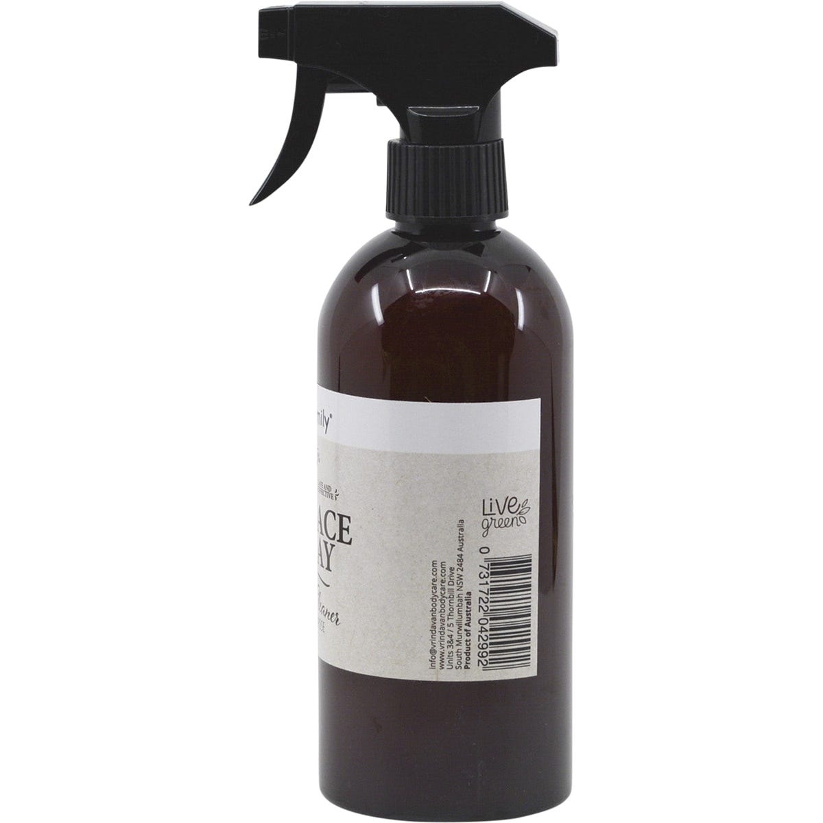 Right side of a 500ml Vrindavan Eco Family multi-purpose cleaner spray bottle showing product details and directions.