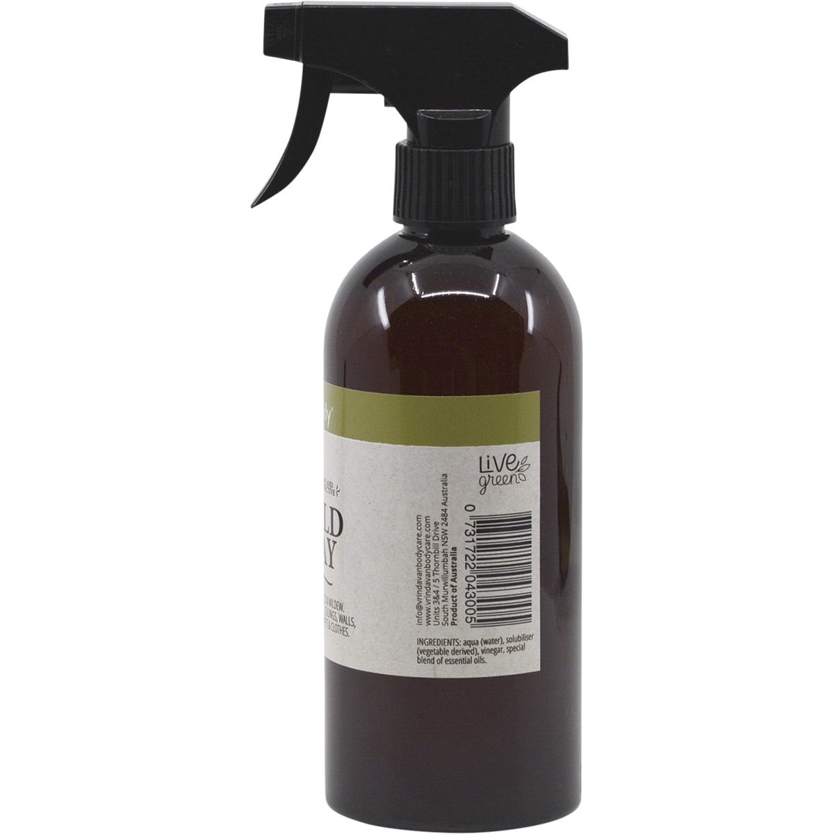 Right side view of a 500ml Vrindavan Mould Spray bottle showing the right side of the blue and green label.