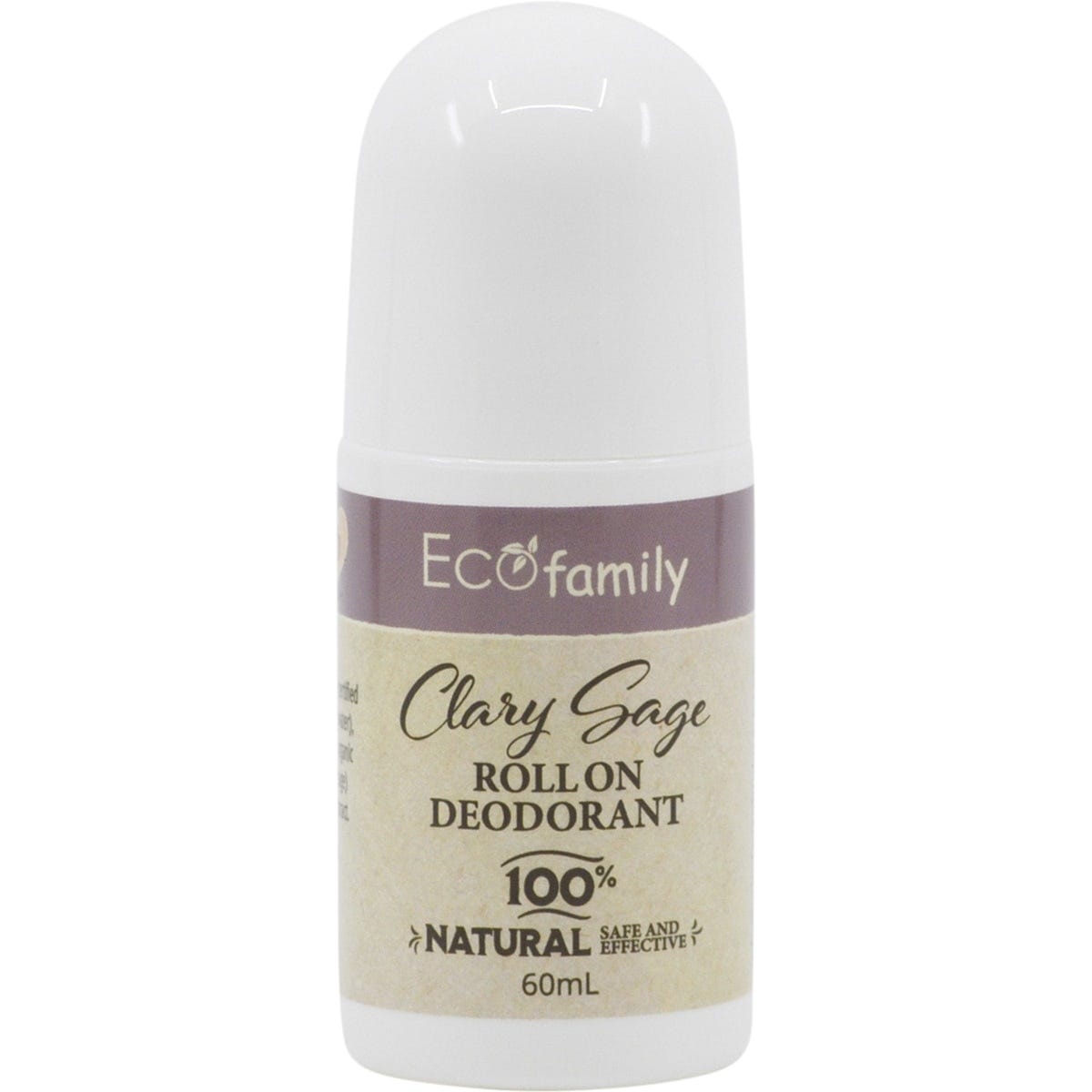 60ml bottle of Vrindavan Clary Sage Roll-On Deodorant with a white cap and botanical label on a white background.