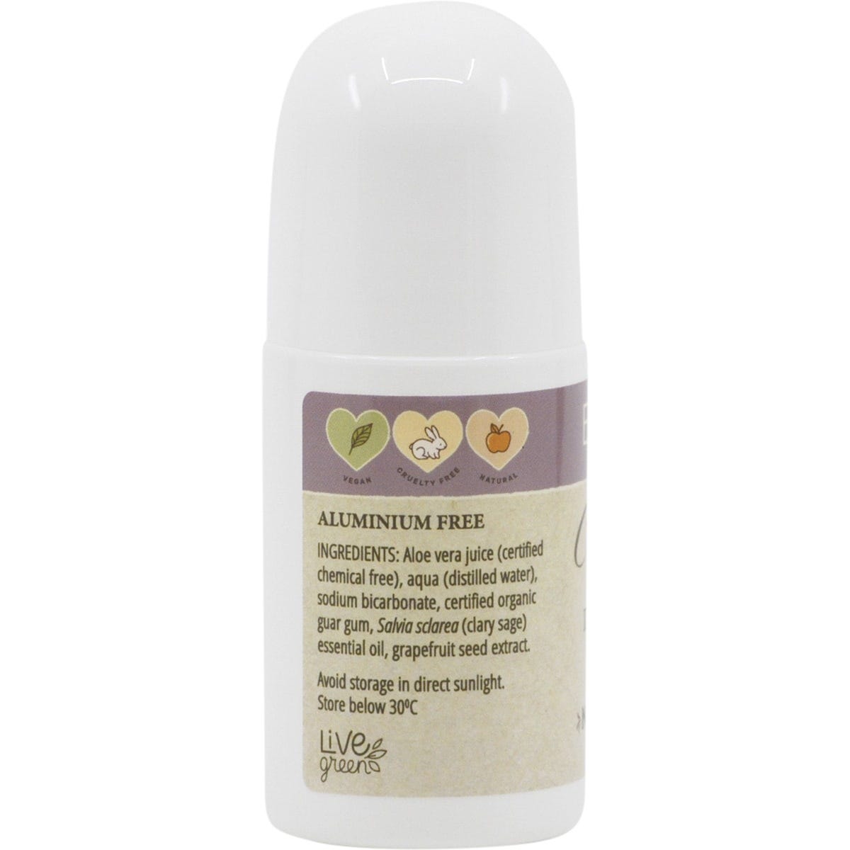 Side view of a 60ml Vrindavan Clary Sage Roll-On Deodorant bottle showing the ingredient list and product information.