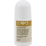 Left side of a Vrindavan Eco Family Neroli roll-on deodorant bottle showing natural ingredients and product benefits.