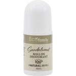 60ml bottle of Vrindavan Eco Family Sandalwood roll-on deodorant, aluminium-free with an orange and cream label.