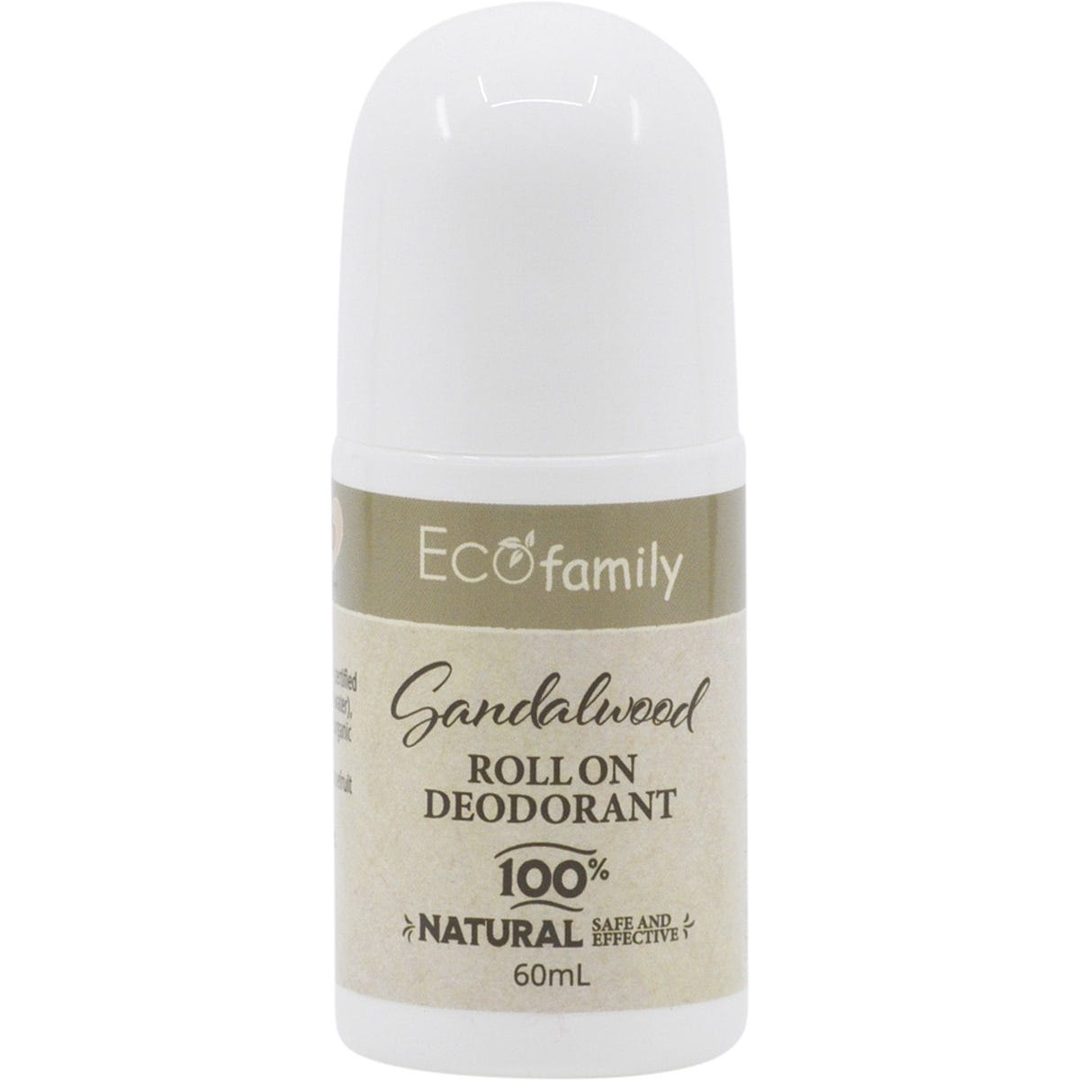 60ml bottle of Vrindavan Eco Family Sandalwood roll-on deodorant, aluminium-free with an orange and cream label.