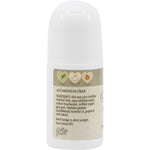 Left side of a 60ml bottle of Vrindavan Sandalwood roll-on deodorant showing ingredients and directions.