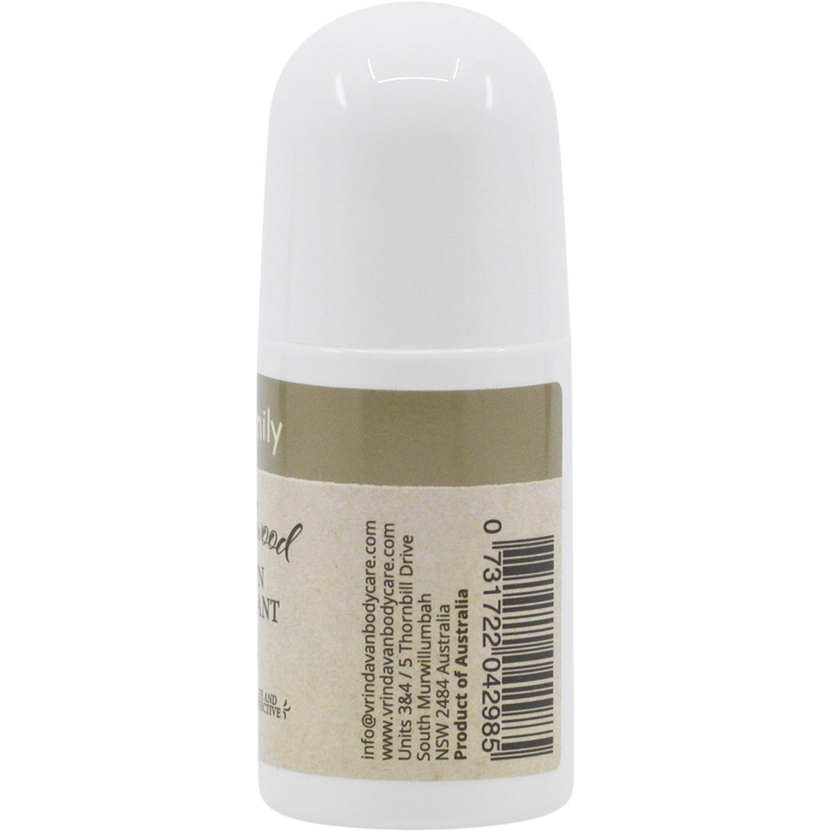 Right side of 60ml Vrindavan Sandalwood deodorant bottle showing nutritional facts and manufacturer information.