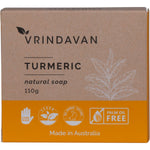 Vrindavan Turmeric Soap 110g bar featuring a golden yellow color and natural botanical ingredients.