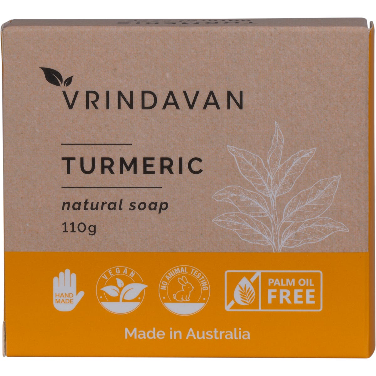 Vrindavan Turmeric Soap 110g bar featuring a golden yellow color and natural botanical ingredients.