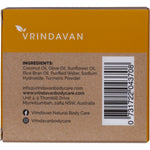 Back of Vrindavan Turmeric Soap 110g packaging with ingredients, product warnings, and Australian made and owned logo.