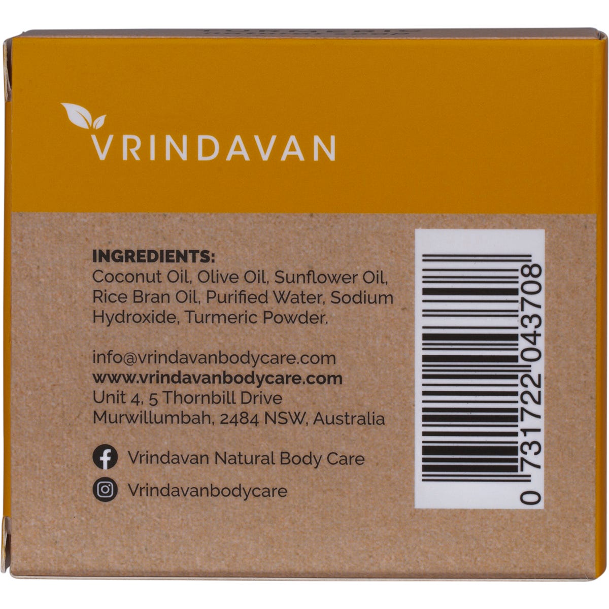 Back of Vrindavan Turmeric Soap 110g packaging with ingredients, product warnings, and Australian made and owned logo.