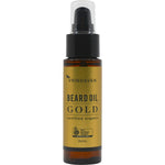 60ml amber glass bottle of Vrindavan Beard Oil Gold with a black and gold dropper lid on a white background.