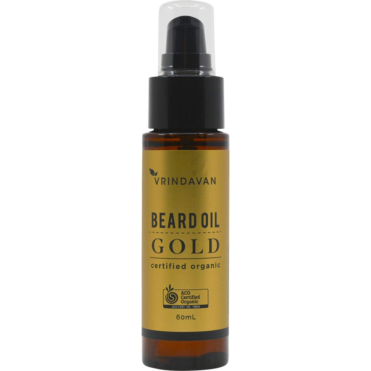 60ml amber glass bottle of Vrindavan Beard Oil Gold with a black and gold dropper lid on a white background.