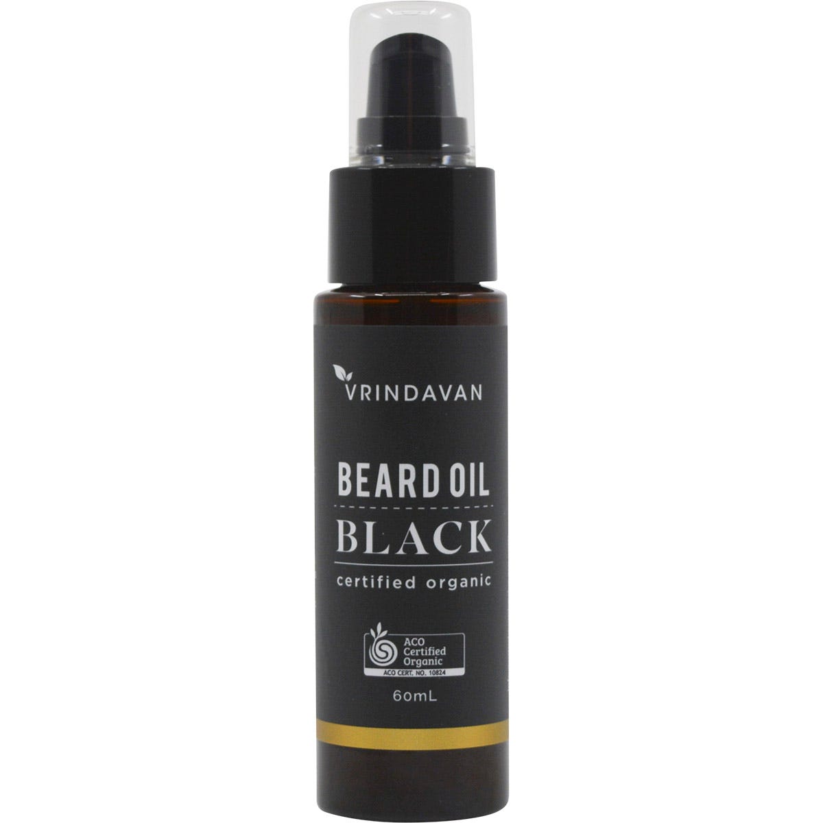 Vrindavan Beard Oil Black 60ml in a glass dropper bottle with a black and gold label on a white background.