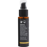 Back of Vrindavan Beard Oil Black 60ml bottle showing ingredients, directions, and certified organic logo.
