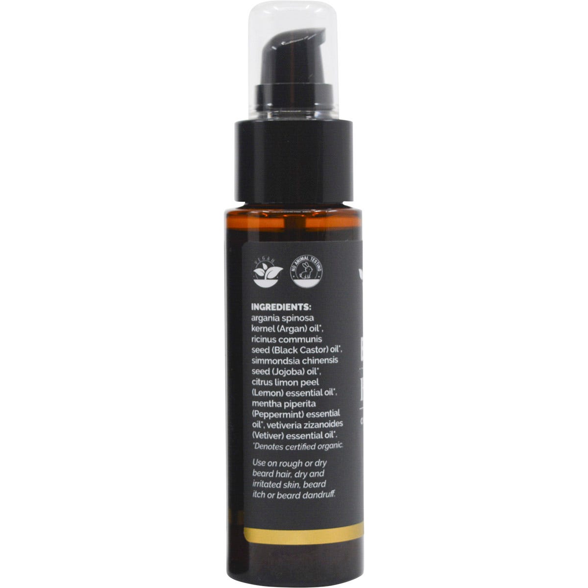 Back of Vrindavan Beard Oil Black 60ml bottle showing ingredients, directions, and certified organic logo.