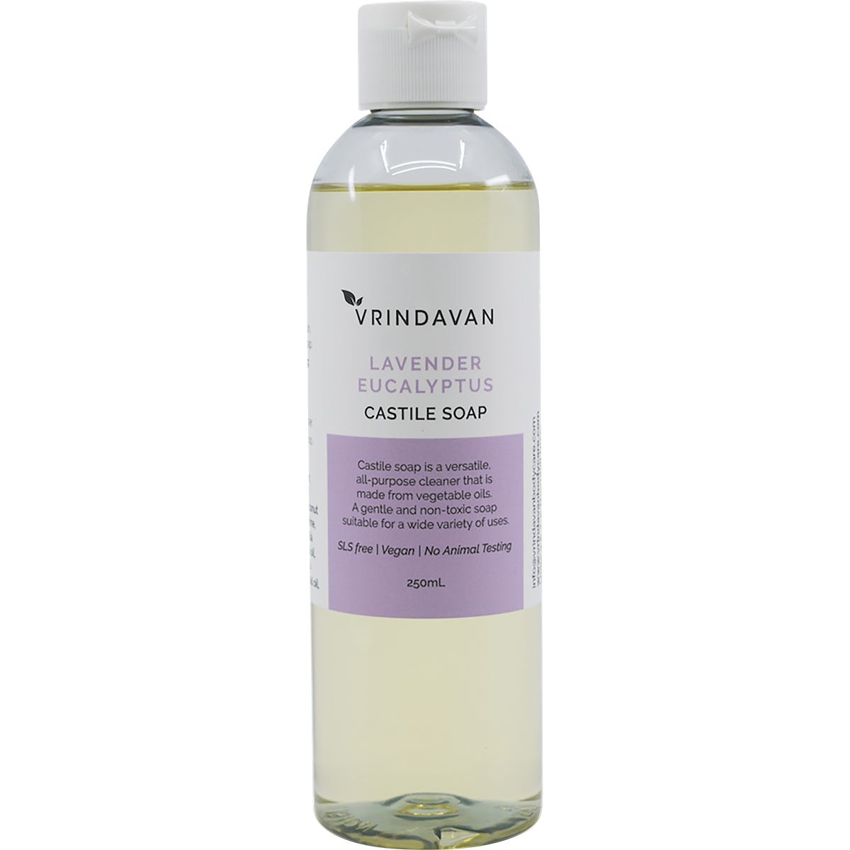 Vrindavan Castile Soap 250ml bottle with Lavender and Eucalyptus on a clean white background.