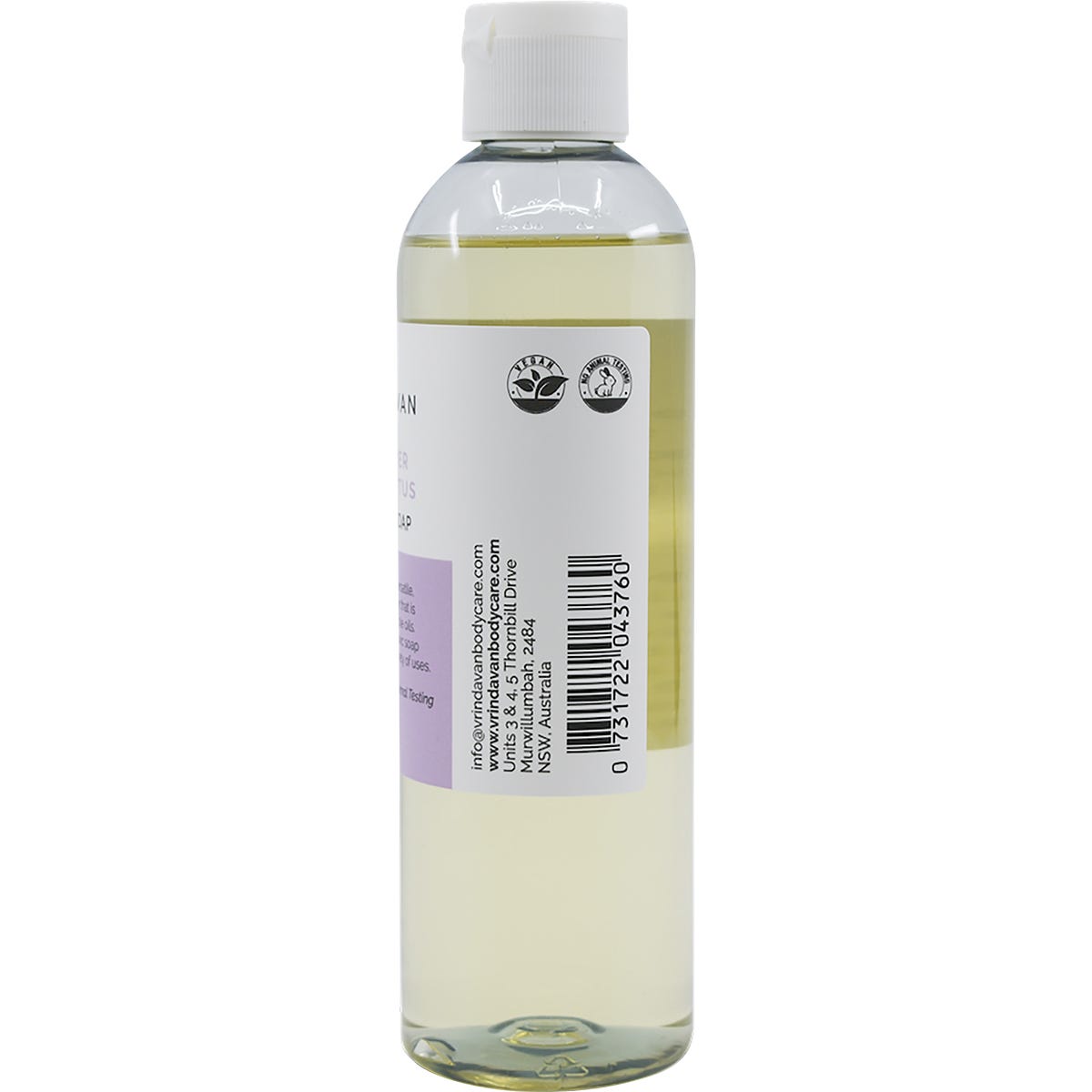 Side view of Vrindavan Castile Soap 250ml bottle showing ingredients and demineralised water base.