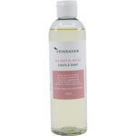 250ml bottle of Vrindavan Majestic Rose Castile Soap with a pink floral label and black pump dispenser.