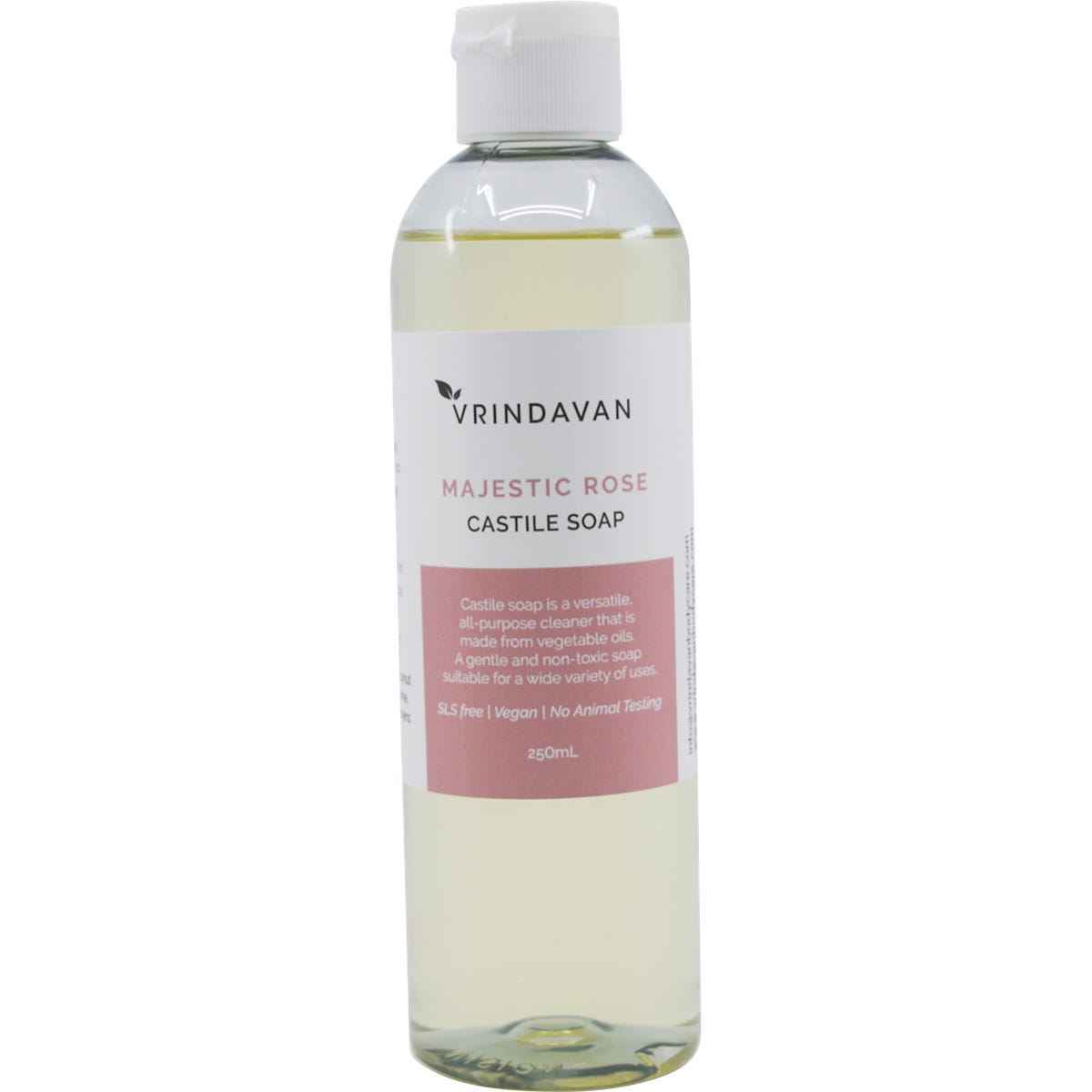 250ml bottle of Vrindavan Majestic Rose Castile Soap with a pink floral label and black pump dispenser.