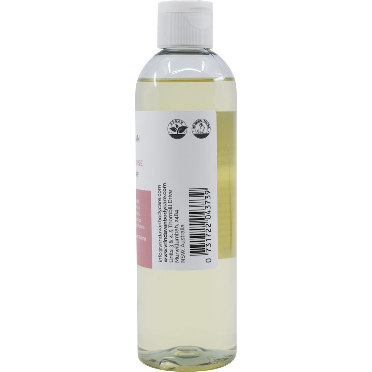 Right side view of a 250ml Vrindavan Majestic Rose Castile Soap bottle with a pink label and black pump dispenser.