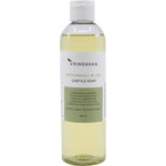 250ml bottle of Vrindavan Patchouli Bliss Castile Soap with a pump dispenser and a botanical-themed label.