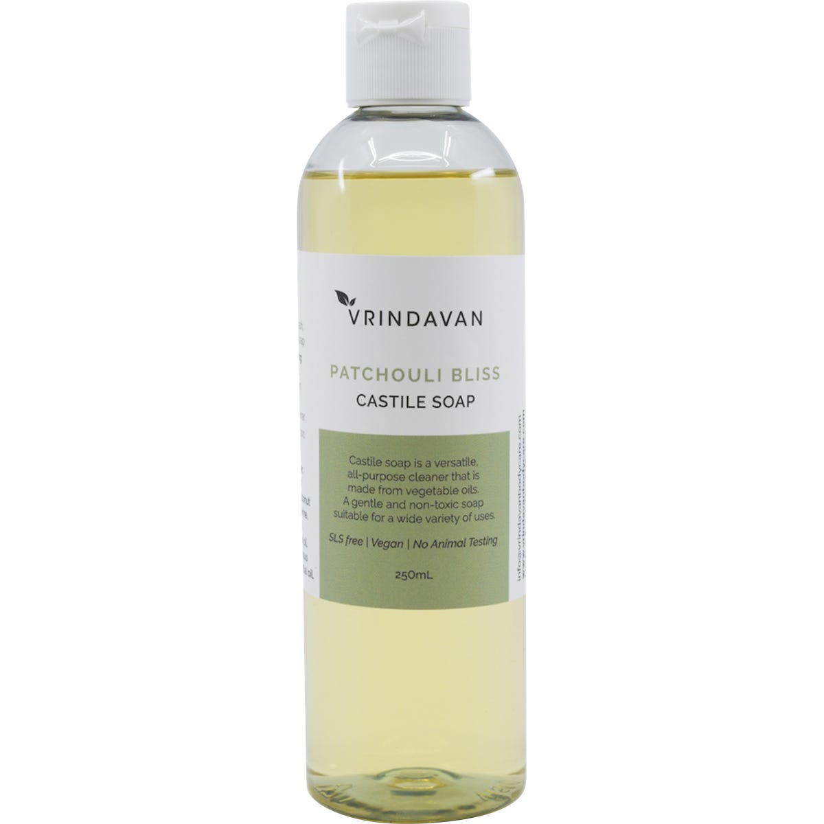 250ml bottle of Vrindavan Patchouli Bliss Castile Soap with a pump dispenser and a botanical-themed label.