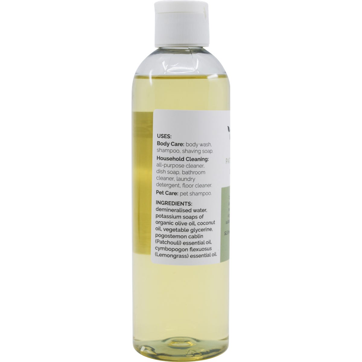 Side view of a 250ml Vrindavan Patchouli Bliss Castile Soap bottle showing ingredients and a pump dispenser.