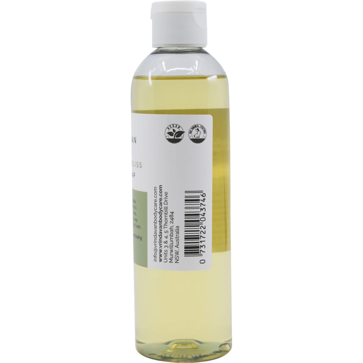Side view of a 250ml Vrindavan Patchouli Bliss Castile Soap bottle showing directions and a pump dispenser.