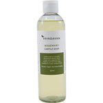 250ml bottle of Vrindavan Rosemary Castile Soap featuring a white label with green rosemary botanical illustrations.