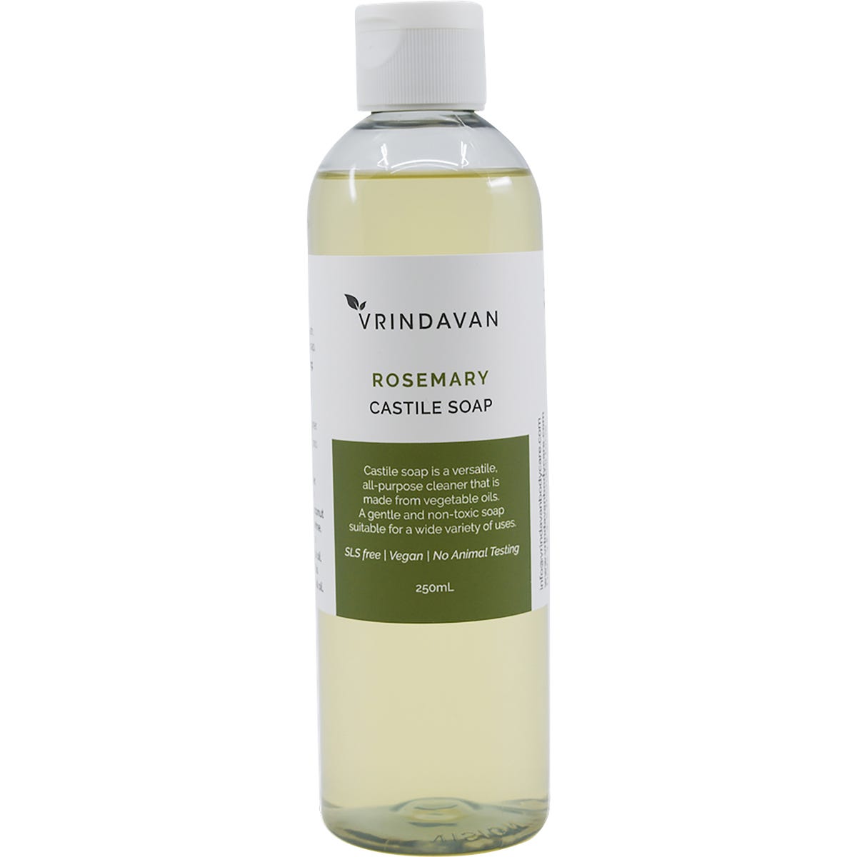 250ml bottle of Vrindavan Rosemary Castile Soap featuring a white label with green rosemary botanical illustrations.