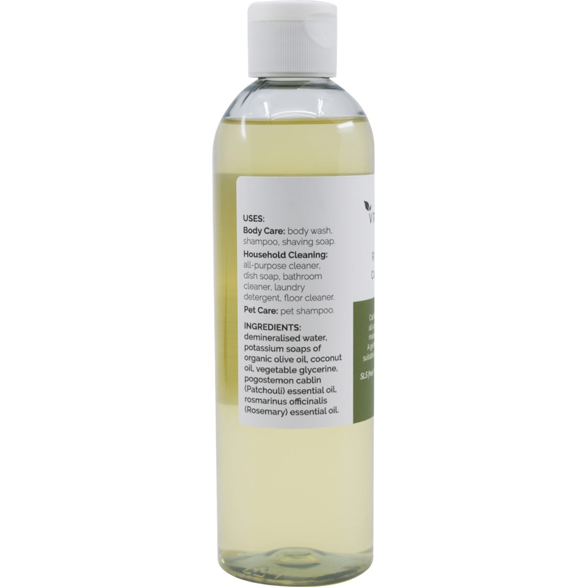 Side view of a 250ml Vrindavan Rosemary Castile Soap bottle showing ingredients and botanical rosemary illustrations.