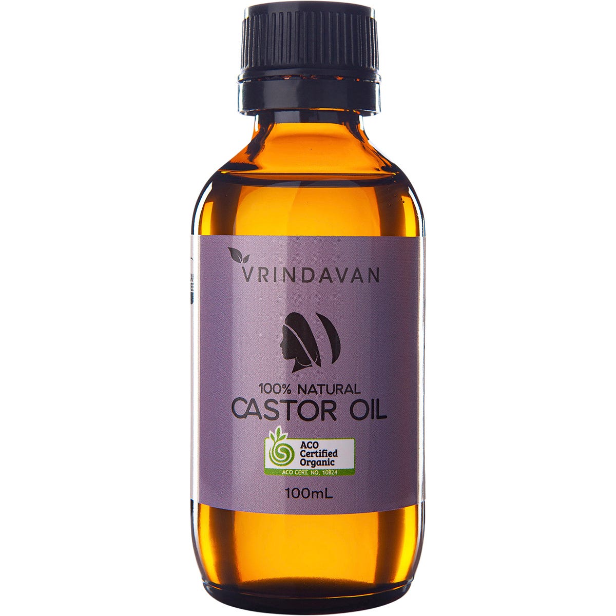 100ml amber glass bottle of Vrindavan 100% Natural Castor Oil with a black screw cap on a white background.