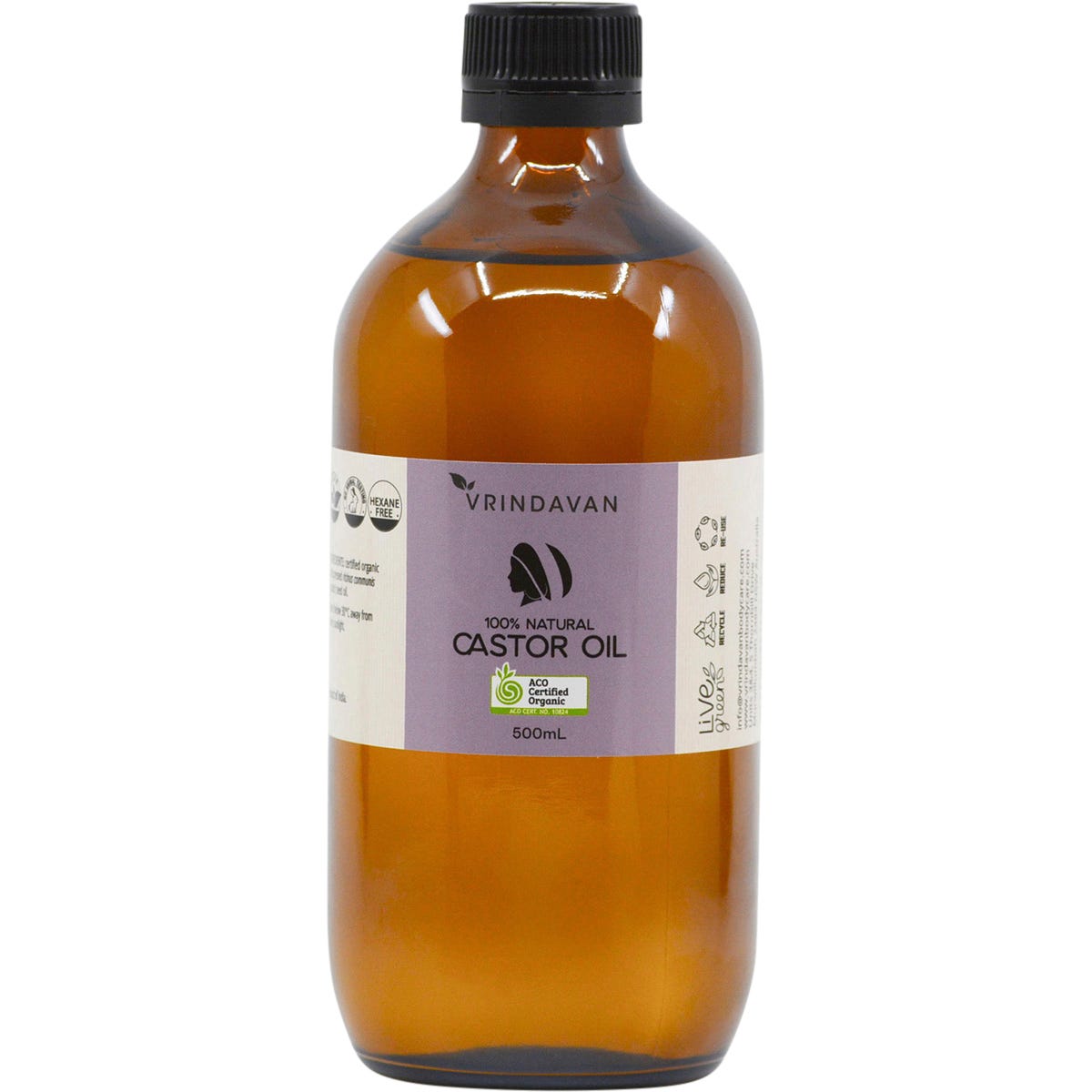 500ml amber glass bottle of Vrindavan 100% Natural Castor Oil with a black screw cap and botanical label.