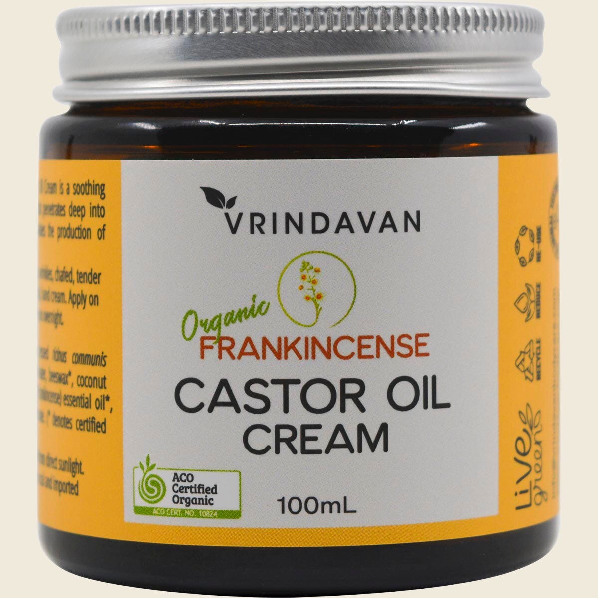 100ml tub of Vrindavan Castor Oil Cream with Frankincense featuring botanical illustrations on a white background.