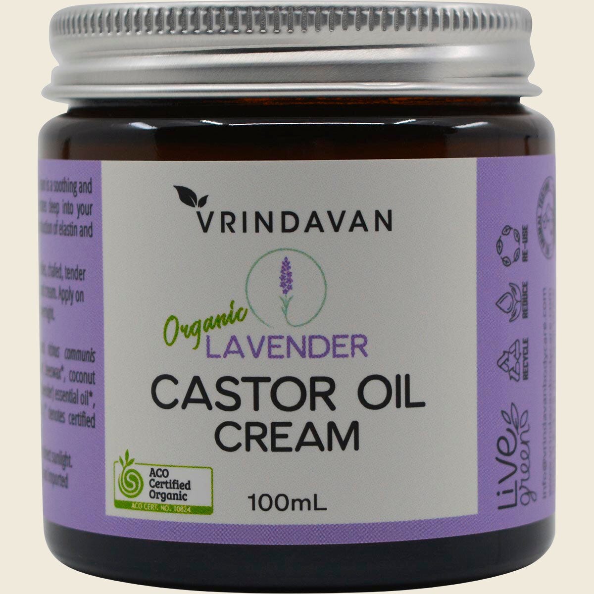100ml tub of Vrindavan Castor Oil Cream Lavender with a purple and white label on a white background.