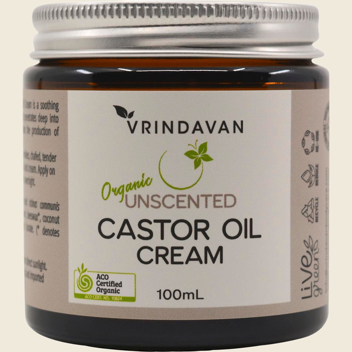 100ml tub of Vrindavan Unscented Castor Oil Cream featuring a white label with a green logo on a white background.
