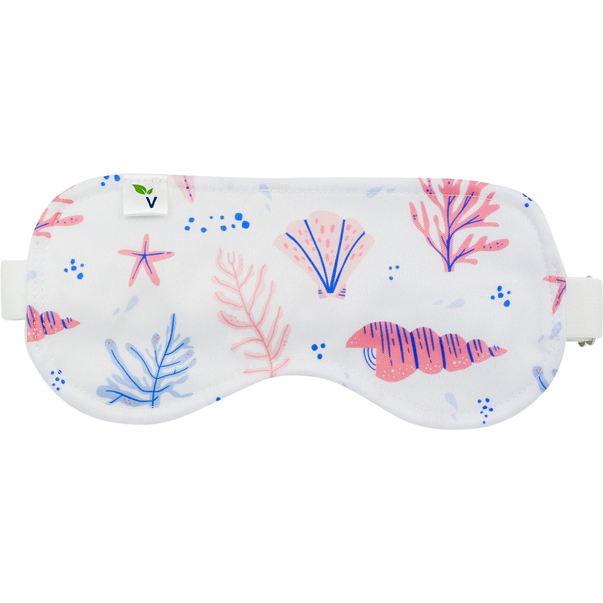 Vrindavan Castor Oil Beauty Sleep Mask featuring a blue sea shell pattern with a white cotton lining and elastic strap.