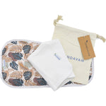 Vrindavan Castor Oil Pack in Natural Flora print showing the organic cotton insert and calico storage bag.