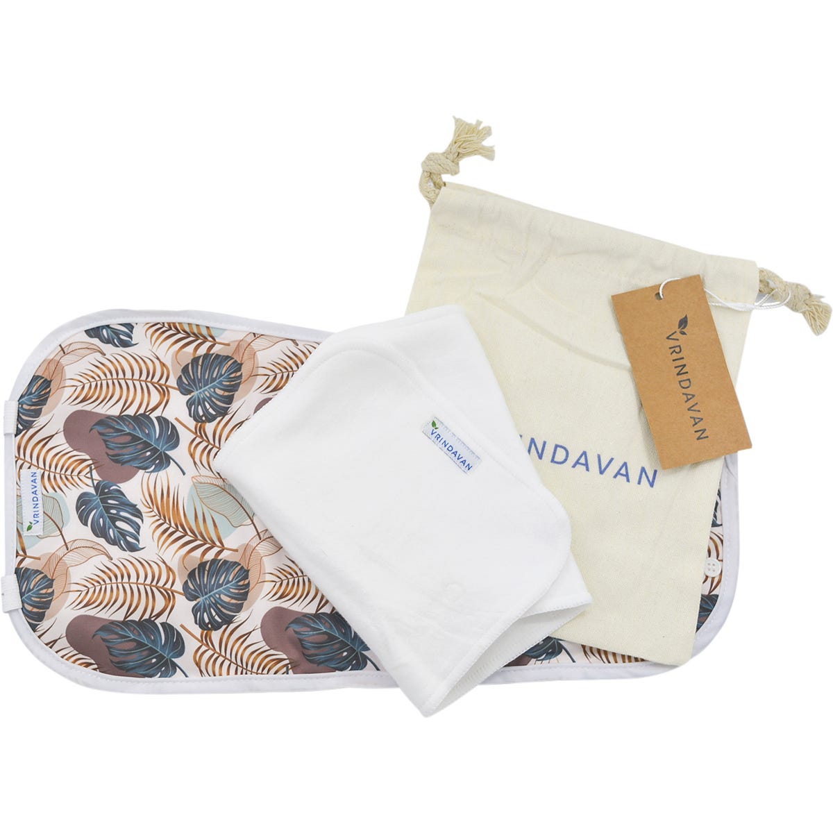 Vrindavan Castor Oil Pack in Natural Flora print showing the organic cotton insert and calico storage bag.