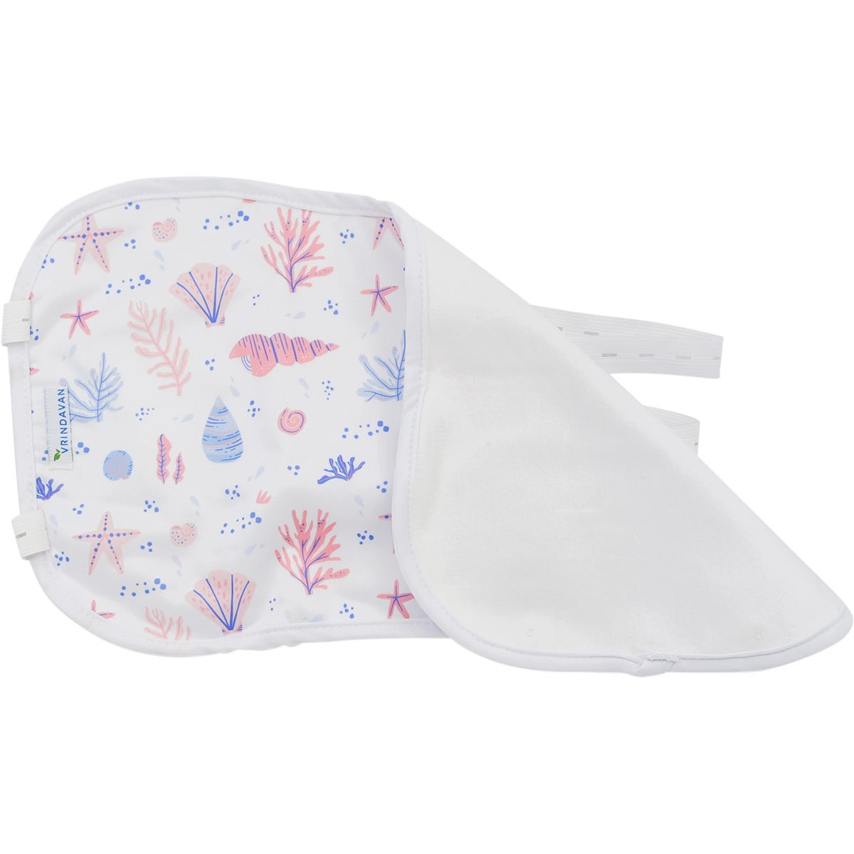 Organic cotton castor oil pack featuring a blue and white sea shell pattern with adjustable straps and a matching bag.