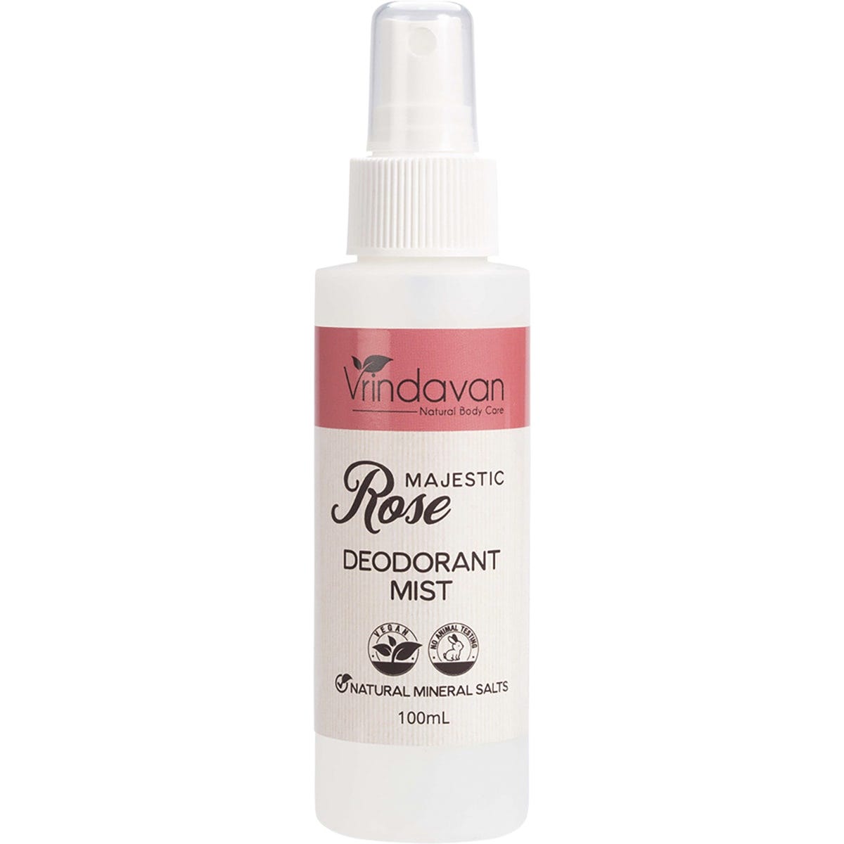 100ml Vrindavan Majestic Rose Deodorant Mist spray bottle with a white label and rose illustrations.